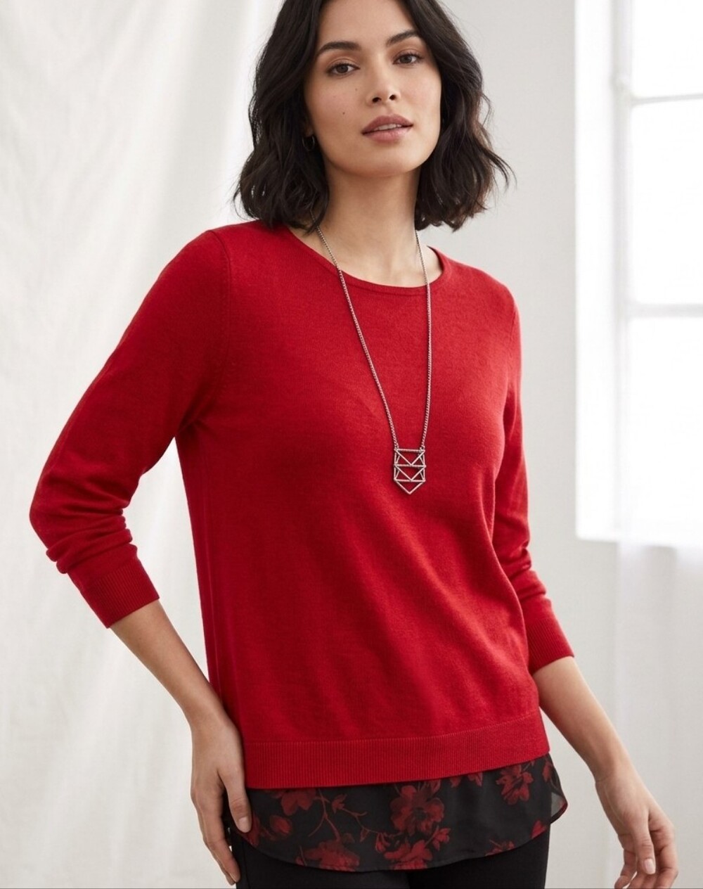 Apt. 9 Red Layered-Hem Sweater with Pendant Necklace